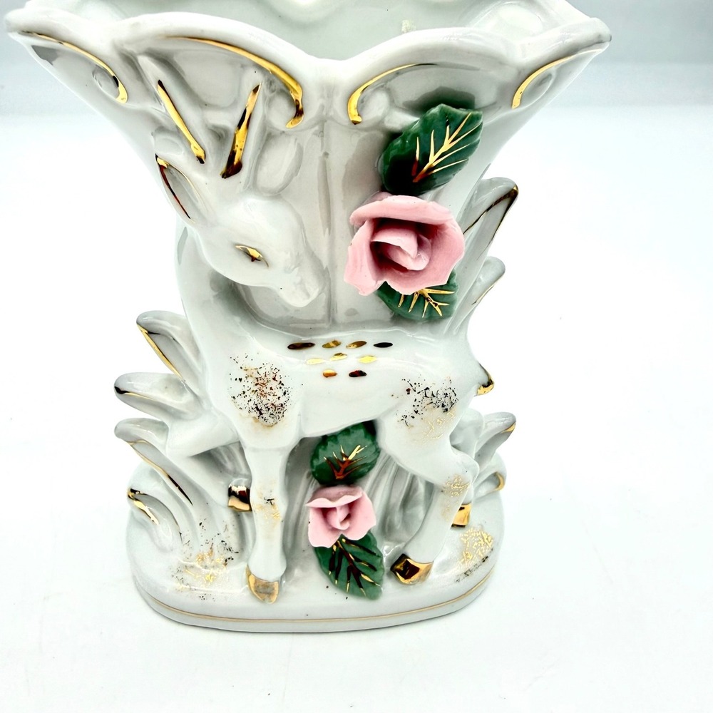 Vintage Bone China Flower Deer Fawn Wall Pocket Vase Applied Roses Gold Gilt MCM